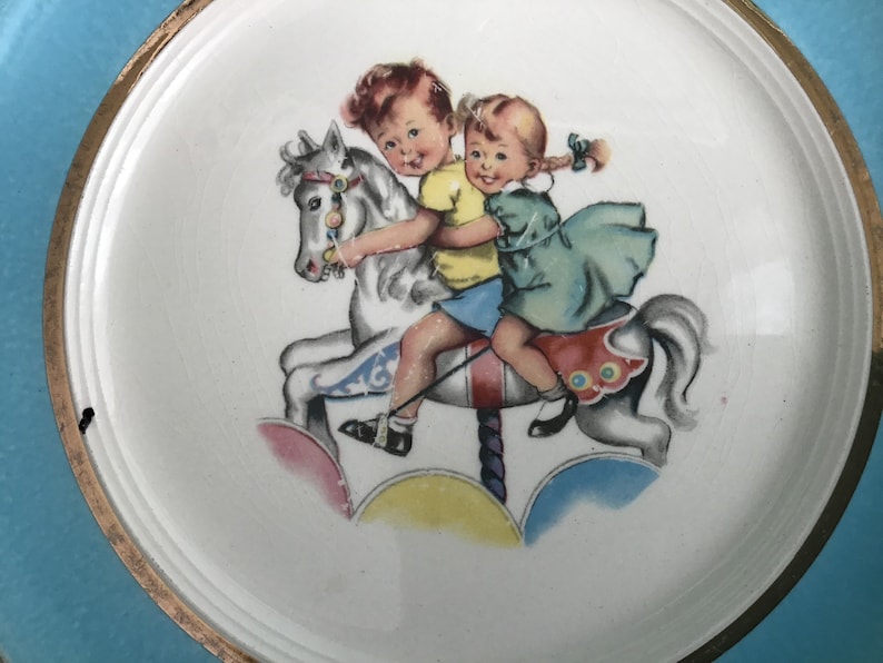 Vintage Child/'s Plate Boy and Girl Carousel Horse Small Plate NurseryKids Room Decor Country Cottage Chic