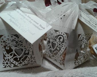 Elegant Wedding Favors!  Taste of New Orleans Heart Box Praline Favors Tied with Perfect Delight.  Your Guests Will Leave Wanting More.