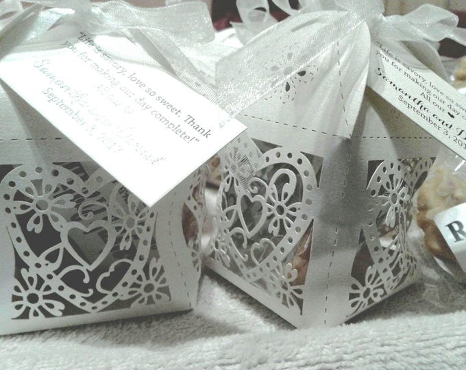 Featured listing image: Elegant Wedding Favors.  Taste of New Orleans Heart Box Favors Tied with Perfect Delight.  Your Guests Will Want More.  A Delicious Memory!