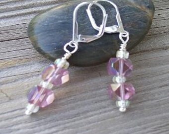 Mauve Crystalline Silver Dangle Earrings