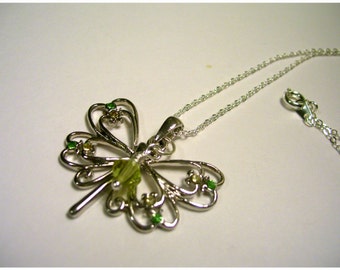 Silver Butterfly charm necklace with yellow and green accents