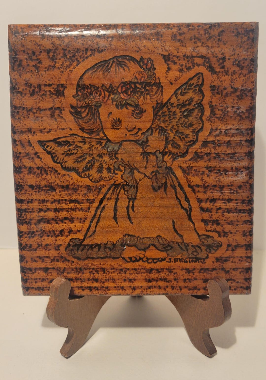 Vintage Signed Little Girl Angel Wood Pyrography Wall Decor Cottagecore ...