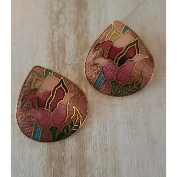 Vintage Sea Gems Cloisonné Pierced Earrings Tulips Flowers Pink & Green