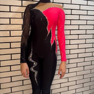 May include: A black and cerise leotard with rhinestone embellishments. The leotard features a high neckline and long sleeves, with a sheer mesh panel. The design is asymmetrical, with cerise on one side and black on the other.