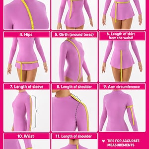 Puede incluir: Una gu&iacute;a de medidas para un leotardo lavanda de manga larga con falda, que presenta once paneles numerados que muestran una cinta m&eacute;trica amarilla alrededor del cuello, pecho, cintura, caderas, torso, falda, manga, hombro, brazo y mu&ntilde;eca.