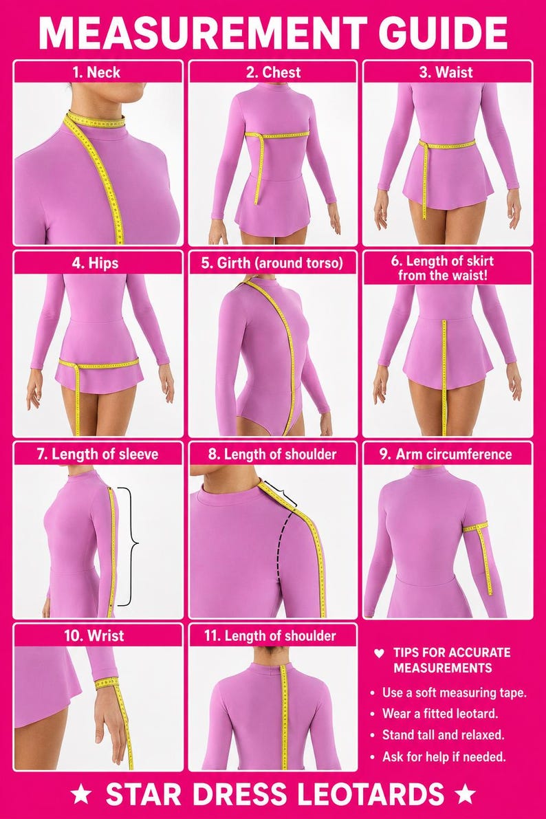 Puede incluir: Una gu&iacute;a de medidas para un leotardo lavanda de manga larga con falda, que presenta once paneles numerados que muestran una cinta m&eacute;trica amarilla alrededor del cuello, pecho, cintura, caderas, torso, falda, manga, hombro, brazo y mu&ntilde;eca.