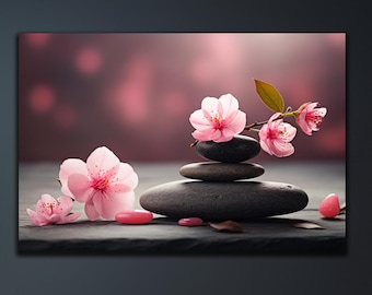Zen Garden Tempered Glass Wall Art,Cherry Blossom Glass Wall Decor,Zen Spa Stones Glass Art,Extra Large Wall Art,Wall Hangings