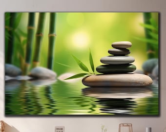Zen Garden Tempered Glass Wall Art,Bamboo Glass Wall Decor,Zen Spa Stones Glass Art,Extra Large Wall Art,Wall Hangings,Home Decor