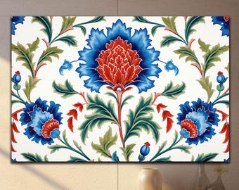 May include: A white background with a repeating pattern of blue and red flowers with green leaves. The flowers have a blue center and red petals. The leaves are a dark green.