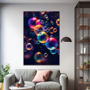 May include: A vibrant canvas print featuring a cluster of colorful, iridescent bubbles against a dark background. The bubbles vary in size and display a spectrum of colors, including blue, purple, orange, and yellow, creating a dynamic and eye-catching artwork.