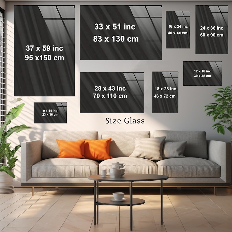 May include: A display of glass art panels in various sizes, including 37 x 59 inches, 33 x 51 inches, 28 x 43 inches, 24 x 36 inches, 18 x 28 inches, 16 x 24 inches, 12 x 18 inches, and 9 x 14 inches. The text "Size Glass" is also present.