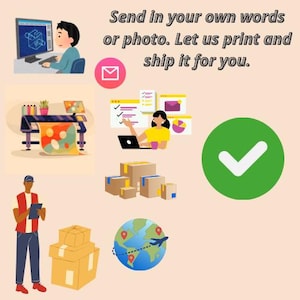 May include: An illustration with text that reads "Send in your own words or photo. Let us print and ship it for you." The image includes a person working on a computer, a printer, a person with a laptop, boxes, and a globe with an airplane.