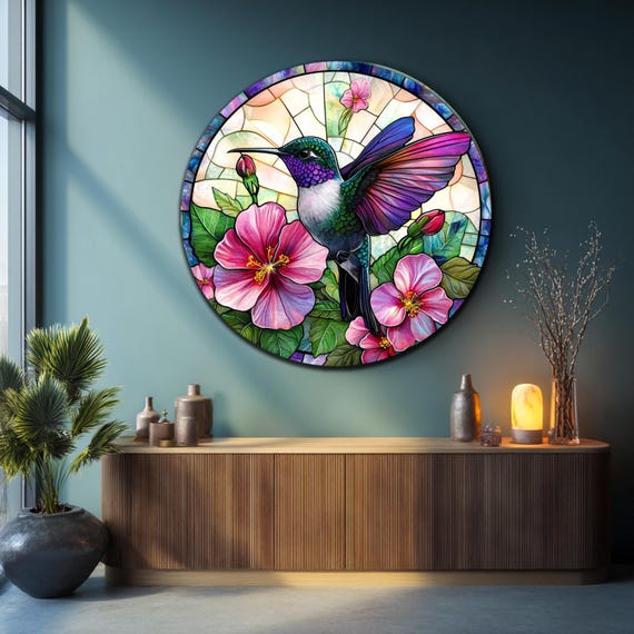 Hummingbird Round Wall Art,Hummingbird Circle Tempered Glass Decor,Animal Glass Art,Home Decor,Wall Hangings,Glass Print Wall Art