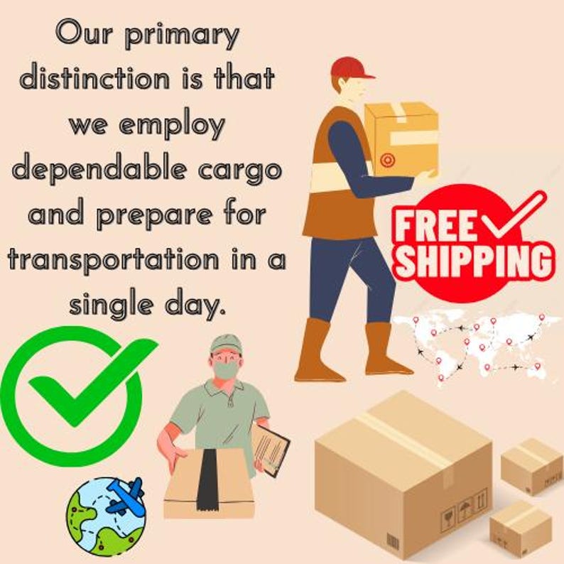 May include: Illustration of a delivery service with a worker carrying a package, a checkmark, and the words "FREE SHIPPING." The image also includes a globe with an airplane and a world map with red markers.