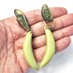 Sobral Classicos Sharm Light Olive Green Dangle Crescent Artist Made Clip Earrings