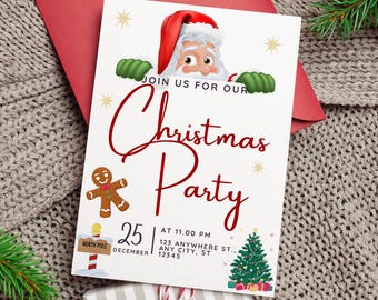 Puede incluir: Una invitación a una fiesta de Navidad blanca con un Papá Noel de dibujos animados asomándose por la parte superior. La invitación dice "Join us for our Christmas Party" e incluye un hombre de jengibre, un árbol de Navidad decorado y la fecha "25 de diciembre".