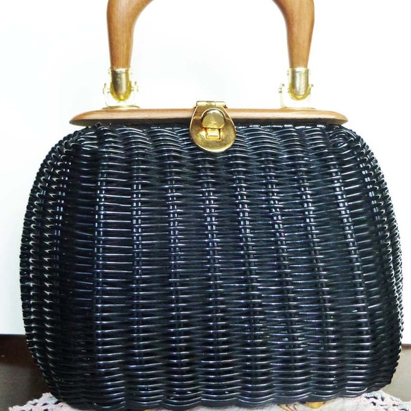 Darling Vintage Black Basket Purse with Wooden Handles by Lesco Lona