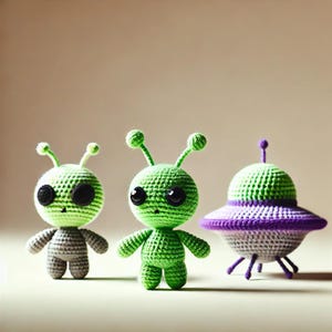 May include: Three crocheted alien toys, two green aliens with large eyes and antennas, and a purple and green flying saucer.