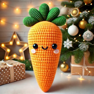 May include: A crocheted carrot toy with a green top and a smiling face. The carrot is orange and has a white stitched face with black eyes and a mouth.