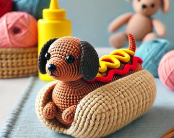 Dachshund in a Hot Dog Bun Crochet Pattern | Sausage Dog