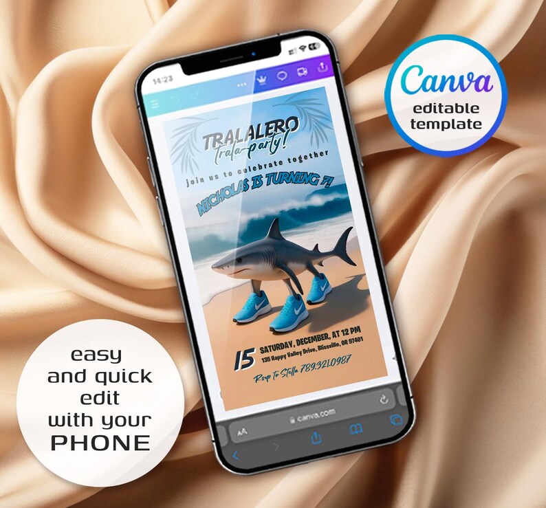May include: A smartphone displays a birthday party invitation with a shark wearing blue sneakers on a beach. The invitation includes the text "TRALALERO trala-party!" and "NICHOLAS IS TURNING 11". The phone also has the text "easy and quick edit with your PHONE".