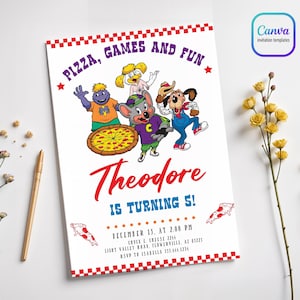 May include: White invitation card with red and purple text, featuring cartoon characters and a pizza. The text reads "Pizza, Games and Fun" and "Theodore is turning 5!" Includes event details and a Canva invitation templates logo.