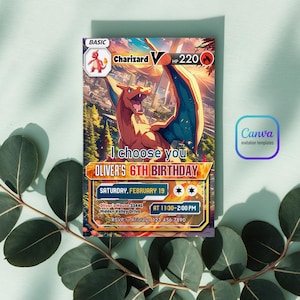 Op de afbeelding: Een Pokemon-thema verjaardagsuitnodiging met een cartoon afbeelding van Charizard, een vuur-type Pokemon. De uitnodiging is voor Oliver's 6e verjaardag, die zal plaatsvinden op zaterdag 19 februari van 11:30 tot 14:00 uur. Het adres is Oliver's House 33445, Hidden Valley Drive. RSVP naar Kristalyn op 123-456-7890.