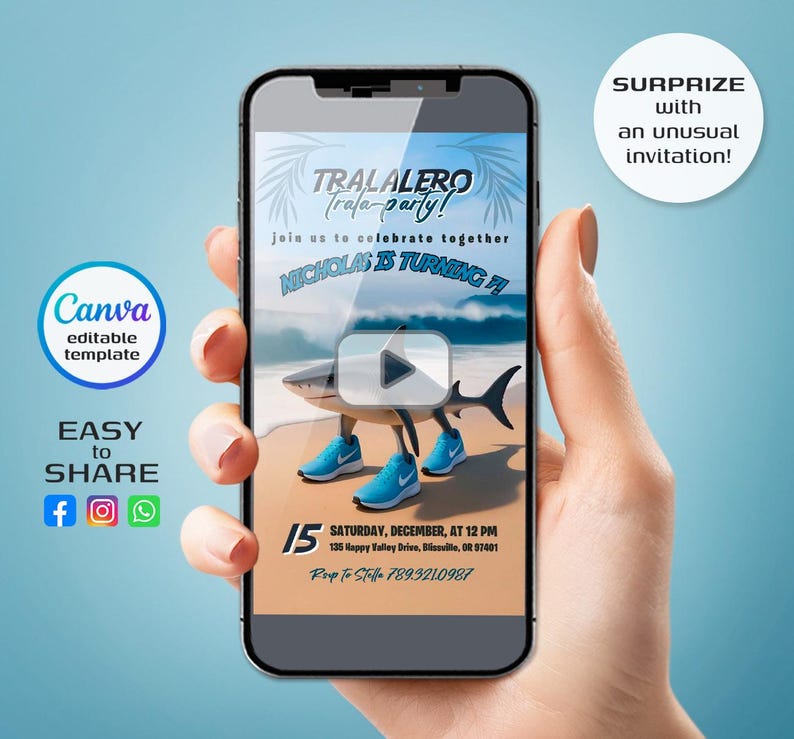May include: A smartphone displays a digital invitation with a shark wearing blue sneakers on a beach. The invitation reads "TRALALERO Trala-party!" and "NICHOLAS IS TURNING #!". The phone also shows "Canva editable template" and social media icons.