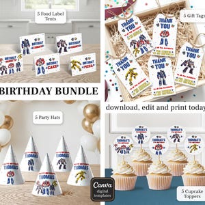 May include: A birthday bundle with Transformers designs, including food label tents, gift tags, party hats, and cupcake toppers. The decorations feature Transformers characters and the phrases "BIRTHDAY" and "THANK YOU".