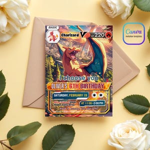 Op de afbeelding: Een Pok&eacute;mon-thema-verjaardagsuitnodiging met een cartoonafbeelding van Charizard, een vuur-Pok&eacute;mon. De uitnodiging is voor Oliver's 6e verjaardagsparty, die op zaterdag 19 februari van 11:30 uur tot 14:00 uur bij Oliver wordt gehouden. Het adres en de RSVP-informatie staan op de uitnodiging.
