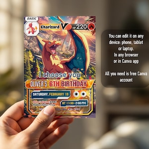 Op de afbeelding: Een Pokemon-thema verjaardagsuitnodiging met een cartoon afbeelding van Charizard, een vuur-type Pokemon. De uitnodiging is voor Oliver's 6e verjaardag, die zal worden gehouden op zaterdag 19 februari van 11:30 uur tot 14:00 uur bij Oliver's House, 33445 Hidden Valley Drive. De uitnodiging bevat het telefoonnummer 123.456.7890.
