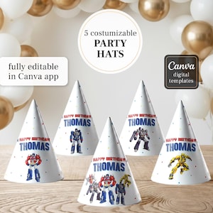 May include: Five customizable party hats with a white background and colorful polka dots. Each hat features a different Transformer character and the text "HAPPY BIRTHDAY THOMAS". The hats are fully editable in the Canva app.