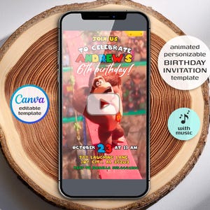 May include: A smartphone displays a birthday invitation template. The invitation features a cartoon character and text that reads "Join us to celebrate Andrew's 6th birthday!" Additional text includes the date, time, and location. The invitation is an animated, customizable template with music.