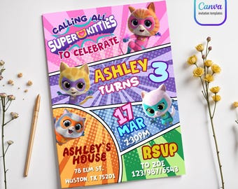 SuperKitties-uitnodiging, afdrukbare bewerkbare Super Kitty invite, SuperKitty verjaardagsfeestje uitnodiging sjabloon, kitten uitnodiging schattig uitnodigen