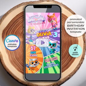 SuperKitties invitation, animated editable Super Kitties invite, SuperKitty Birthday Party video invite template, Kitten Cute invite