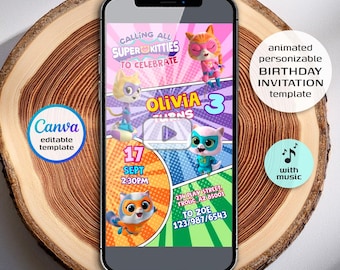 SuperKitties invitation, animated editable Super Kitties invite, SuperKitty Birthday Party video invite template, Kitten Cute invite