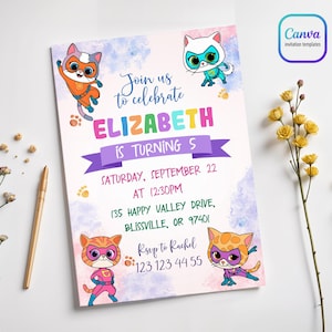 SuperKitties invitation, Printable Editable Super Kitty Invite, SuperKitty Birthday Party invite template, Kitten Invitation Cute Invite