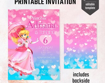 Princess Peach Mario Bros invitation, birthday invite girl, Super Mario Movie invitation, girl bday, Video Game Birthday invite template