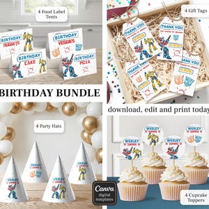 May include: A birthday bundle featuring food labels, gift tags, party hats, and cupcake toppers. The labels read "Birthday Nuggets," "Birthday Veggies," "Birthday Cake," and "Birthday Pizza." The theme includes robot illustrations and the text "Thank You."