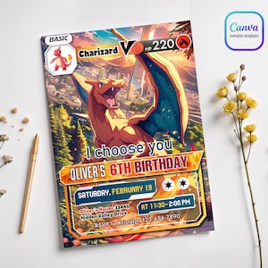Modèle d'invitation vmax d'anniversaire Pokemon, invitation d'anniversaire pokemone, invitation d'anniversaire imprimable, invitation Charizard, invitation modifiable