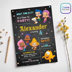 Bubble Guppies födelsedagsinbjudan, Guppies utskrivbar inbjudan, redigerbar festinbjudningsmall, pojke flicka födelsedag, första andra tredje födelsedag