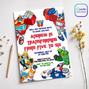 Printable Rescue Bots Birthday Invitation, Optimus Prime invite, Autobots party invitation, Bumblebee invitation, transformers party