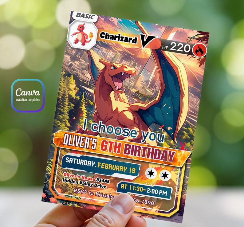 Op de afbeelding: Een Pokemon-thema verjaardagsuitnodiging met een cartoon afbeelding van Charizard, een vuur-type Pokemon. De uitnodiging is voor Oliver's 6e verjaardag, die zal worden gehouden op zaterdag 19 februari van 11:30 uur tot 14:00 uur. De uitnodiging bevat het adres en RSVP-informatie.
