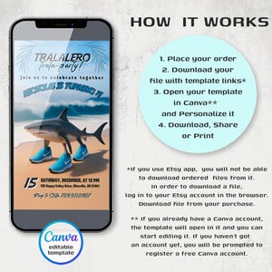 May include: A smartphone displays a party invitation with a shark wearing sneakers on a beach. The invitation reads "TRALALERO trala-party!" and "NICHOLAS IS TURNING !!". Instructions for use are also included.