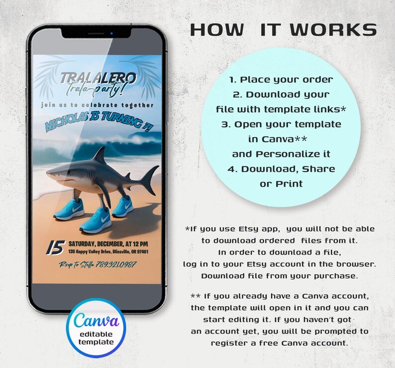 May include: A smartphone displays a party invitation with a shark wearing sneakers on a beach. The invitation reads "TRALALERO trala-party!" and "NICHOLAS IS TURNING !!". Instructions for use are also included.