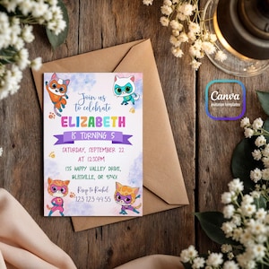SuperKitties invitation, Printable Editable Super Kitty Invite, SuperKitty Birthday Party invite template, Kitten Invitation Cute Invite