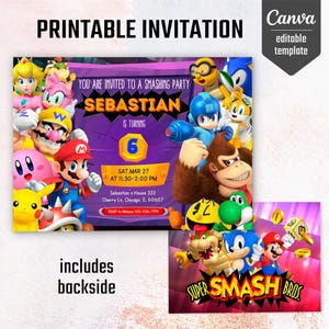 Printable Smash Bros invitation, Fighting Birthday invite, editable invitation, girl birthday, Smash Brothers Party, Video Game Invitation