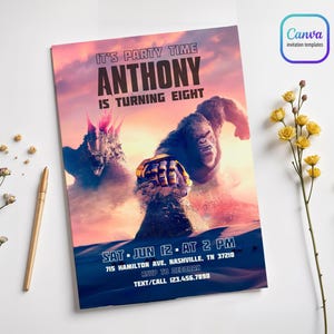 Invitación de cumpleaños de Godzilla x Kong, invitación imprimible y editable, fiesta de King Long, cumpleaños de niño, plantilla digital