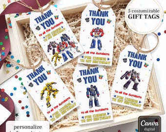 Transformers printable gift tags, birthday party thank you card, Editable Template, diy Rescue Bots bday decorations,  party favors