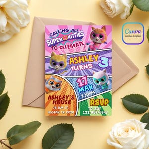 SuperKitties invitation, Printable Editable Super Kitty Invite, SuperKitty Birthday Party invite template, Kitten Invitation Cute Invite
